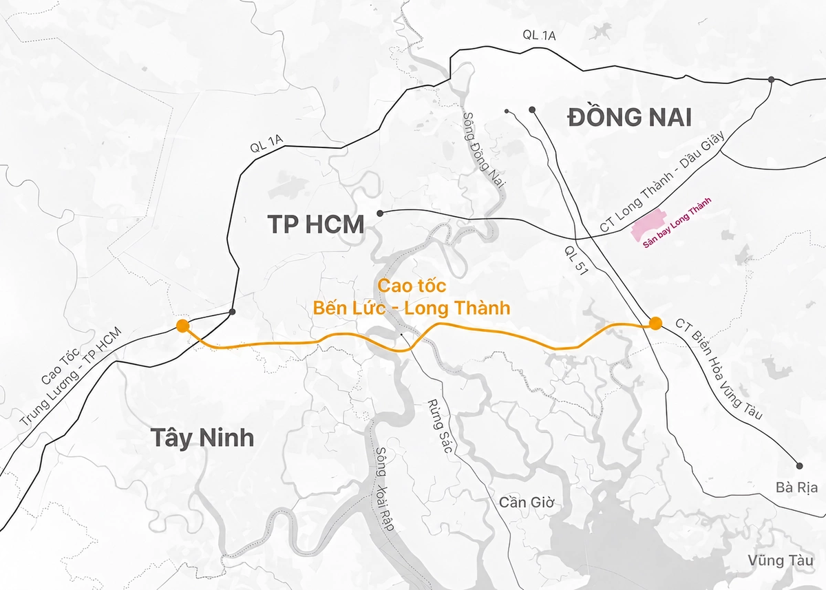 Bản đồ hướng tuyến cao tốc Bến Lức - Long Thành kết nối Đông và Tây Nam Bộ